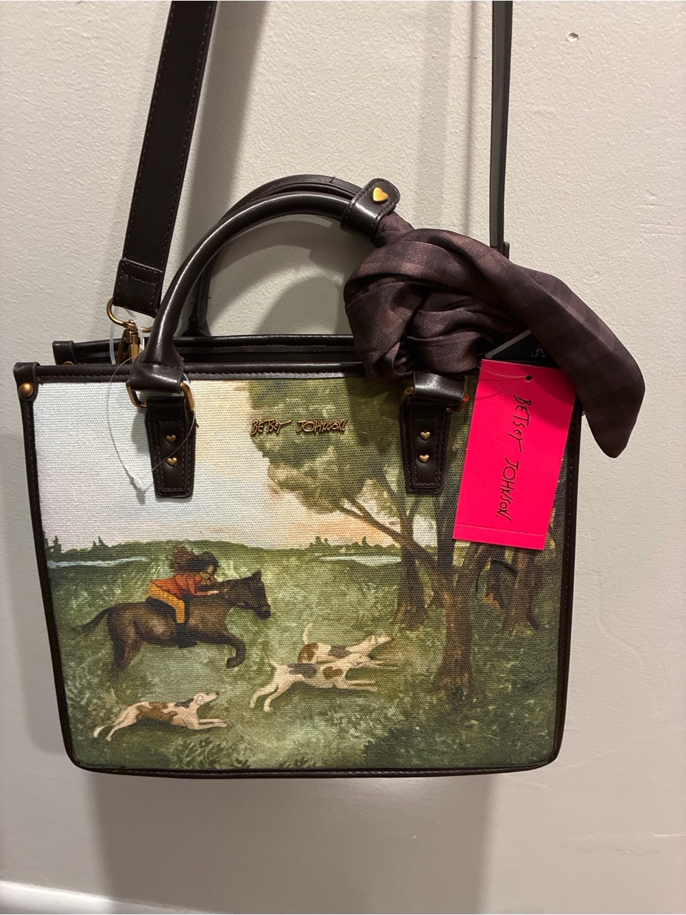 Betsey Johnson Green Scenic Print Satchel with Dark Brown Trim